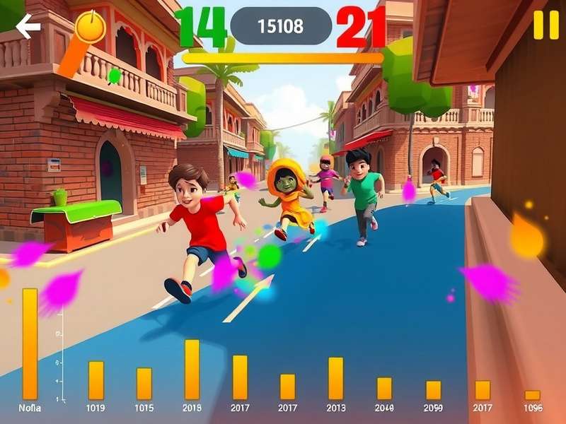 Joyful Holi Sprint gameplay screenshot showing colorful characters running through Indian streets